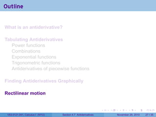 . . . . . .
Outline
What is an antiderivative?
Tabulating Antiderivatives
Power functions
Combinations
Exponential functions
Trigonometric functions
Antiderivatives of piecewise functions
Finding Antiderivatives Graphically
Rectilinear motion
V63.0121.041, Calculus I (NYU) Section 4.7 Antiderivatives November 29, 2010 27 / 35
 