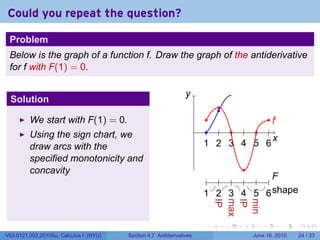 Could you repeat the question?

 Problem
 Below is the graph of a function f. Draw the graph of the antiderivative
 for f with F(1) = 0.

                                                                y
                                                                .
 Solution
                                                                              .
                                                                              .
         We start with F(1) = 0.                                           .          ..
                                                                                       f
                                                                      .    . . . . . .
         Using the sign chart, we                                                      x
                                                                                       .
         draw arcs with the                                               1 2 3 4 5 6
                                                                          . . . . . .
         specified monotonicity and
         concavity                                                                .
                                                                           . . . . .              ..
                                                                                                   F
                                                                            . . . . .
                                                                          1 2 3 4 5
                                                                          . . . . .              6s
                                                                                                 . . hape
                                                                              IP
                                                                              .
                                                                              max
                                                                              .
                                                                              IP
                                                                              .
                                                                              min
                                                                              .
                                                                          .       .   .      .       .      .

V63.0121.002.2010Su, Calculus I (NYU)   Section 4.7 Antiderivatives                       June 16, 2010     24 / 33
 