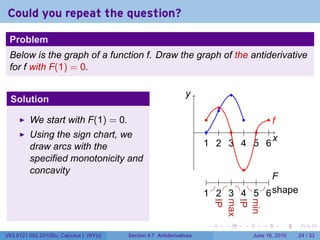 Could you repeat the question?

 Problem
 Below is the graph of a function f. Draw the graph of the antiderivative
 for f with F(1) = 0.

                                                                y
                                                                .                     .
 Solution
                                                                              .
                                                                              .
         We start with F(1) = 0.                                           .     .    ..
                                                                                       f
                                                                      .    . . . . . .
         Using the sign chart, we                                                      x
                                                                                       .
         draw arcs with the                                               1 2 3 4 5 6
                                                                          . . . . . .
         specified monotonicity and
         concavity                                                                .
                                                                           . . . . .                  ..
                                                                                                       F
                                                                            . . . . .
                                                                          1 2 3 4 5
                                                                          . . . . .                  6s
                                                                                                     . . hape
                                                                              IP
                                                                              .
                                                                              max
                                                                              .
                                                                              IP
                                                                              .
                                                                              min
                                                                              .
                                                                          .       .       .      .       .      .

V63.0121.002.2010Su, Calculus I (NYU)   Section 4.7 Antiderivatives                           June 16, 2010     24 / 33
 