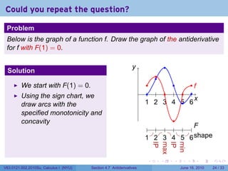Could you repeat the question?

 Problem
 Below is the graph of a function f. Draw the graph of the antiderivative
 for f with F(1) = 0.

                                                                y
                                                                .                     .
 Solution
                                                                              .
                                                                              .
         We start with F(1) = 0.                                           .     .     ..
                                                                                        f
                                                                      .    . . . . . .
         Using the sign chart, we                                                       x
                                                                                        .
         draw arcs with the                                               . . . . .. .
                                                                          1 2 3 4 5 6
         specified monotonicity and
         concavity                                                                .
                                                                           . . . . .                  ..
                                                                                                       F
                                                                            . . . . .
                                                                          1 2 3 4 5
                                                                          . . . . .                  6s
                                                                                                     . . hape
                                                                              IP
                                                                              .
                                                                              max
                                                                              .
                                                                              IP
                                                                              .
                                                                              min
                                                                              .
                                                                          .       .       .      .       .      .

V63.0121.002.2010Su, Calculus I (NYU)   Section 4.7 Antiderivatives                           June 16, 2010     24 / 33
 