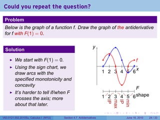 Could you repeat the question?

 Problem
 Below is the graph of a function f. Draw the graph of the antiderivative
 for f with F(1) = 0.

                                                                y
                                                                .                     .
 Solution
                                                                              .
                                                                              .
         We start with F(1) = 0.                                           .     .     ..
                                                                                        f
                                                                      .    . . . . . .
         Using the sign chart, we                                                       x
                                                                                        .
         draw arcs with the                                               . . . . .. .
                                                                          1 2 3 4 5 6
         specified monotonicity and
         concavity                                                                .
                                                                           . . . . .                  ..
                                                                                                       F
         It’s harder to tell if/when F                                      . . . . .
         crosses the axis; more                                           1 2 3 4 5
                                                                          . . . . .                  6s
                                                                                                     . . hape
                                                                              IP
                                                                              .
                                                                              max
                                                                              .
                                                                              IP
                                                                              .
                                                                              min
                                                                              .
         about that later.
                                                                          .       .       .      .       .      .

V63.0121.002.2010Su, Calculus I (NYU)   Section 4.7 Antiderivatives                           June 16, 2010     24 / 33
 