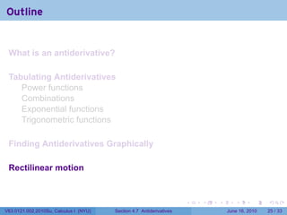 Outline


 What is an antiderivative?

 Tabulating Antiderivatives
    Power functions
    Combinations
    Exponential functions
    Trigonometric functions

 Finding Antiderivatives Graphically

 Rectilinear motion


                                                                      .   .   .      .       .    .

V63.0121.002.2010Su, Calculus I (NYU)   Section 4.7 Antiderivatives               June 16, 2010   25 / 33
 