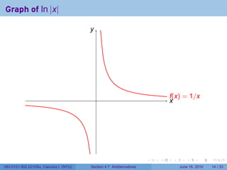 Graph of ln |x|

                                        y
                                        .




                                            .                                 f
                                                                              .(x) = 1/x
                                                                              x
                                                                              .




                                                                      .   .    .      .       .    .

V63.0121.002.2010Su, Calculus I (NYU)   Section 4.7 Antiderivatives                June 16, 2010   14 / 33
 