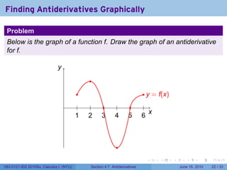 Finding Antiderivatives Graphically

 Problem
 Below is the graph of a function f. Draw the graph of an antiderivative
 for f.

                             y
                             .
                                              .
                                         .                                   . . = f(x)
                                                                               y
                                 .        .    .      .       .       .       .
                                                                                x
                                                                                .
                                        1
                                        .     2
                                              .      3
                                                     .       4
                                                             .       5
                                                                     .       6
                                                                             .



                                                              .

                                                                               .    .     .      .       .    .

V63.0121.002.2010Su, Calculus I (NYU)          Section 4.7 Antiderivatives                    June 16, 2010   22 / 33
 