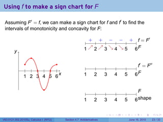 Using f to make a sign chart for F

 Assuming F′ = f, we can make a sign chart for f and f′ to find the
 intervals of monotonicity and concavity for F:

                                                          + + − − + f              ′
                                                .       . . . . . . . . . . .. = F
        y
        .                                              1↗2↗3↘4↘5
                                                       . . . . . . . . .    6F
                                                                            ..
                     .
                 .          .                                                                 ′       ′′
            .    . . . . . .                            .        .     .    .    .          .. = F
                                                                                             f

                1 2 3 4 5 6
                . . . . . .
                              x
                              .                        1
                                                       .        2
                                                                .     3
                                                                      .    4
                                                                           .    5
                                                                                .           6F
                                                                                            ..

                               .
                                                        .        .     .    .    .           ..
                                                                                              F
                                                       1
                                                       .        2
                                                                .     3
                                                                      .    4
                                                                           .    5
                                                                                .           6s
                                                                                            . . hape

                                                                      .    .    .       .         .        .

V63.0121.002.2010Su, Calculus I (NYU)   Section 4.7 Antiderivatives                  June 16, 2010     23 / 33
 