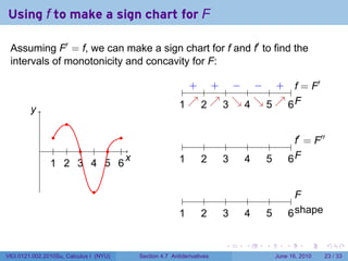 Using f to make a sign chart for F

 Assuming F′ = f, we can make a sign chart for f and f′ to find the
 intervals of monotonicity and concavity for F:

                                                          + + − − + f              ′
                                                .       . . . . . . . . . . .. = F
        y
        .                                              1 ↗ 2 ↗ 3 ↘ 4 ↘ 5 ↗ 6F
                                                       . . . . . . . . . . ..
                     .
                 .          .                                                                 ′       ′′
            .    . . . . . .                            .        .     .    .    .          .. = F
                                                                                             f

                1 2 3 4 5 6
                . . . . . .
                              x
                              .                        1
                                                       .        2
                                                                .     3
                                                                      .    4
                                                                           .    5
                                                                                .           6F
                                                                                            ..

                               .
                                                        .        .     .    .    .           ..
                                                                                              F
                                                       1
                                                       .        2
                                                                .     3
                                                                      .    4
                                                                           .    5
                                                                                .           6s
                                                                                            . . hape

                                                                      .    .    .       .         .        .

V63.0121.002.2010Su, Calculus I (NYU)   Section 4.7 Antiderivatives                  June 16, 2010     23 / 33
 