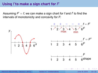 Using f to make a sign chart for F

 Assuming F′ = f, we can make a sign chart for f and f′ to find the
 intervals of monotonicity and concavity for F:

                                                          + + − − + f              ′
                                                .       . . . . . . . . . . .. = F
        y
        .                                              1 ↗ 2 ↗ 3 ↘ 4 ↘ 5 ↗ 6F
                                                       . . .. . . . .. . . . . .
                                                               max      min
                     .
                 .          .                                                                 ′       ′′
            .    . . . . . .                            .        .     .    .    .          .. = F
                                                                                             f

                1 2 3 4 5 6
                . . . . . .
                              x
                              .                        1
                                                       .        2
                                                                .     3
                                                                      .    4
                                                                           .    5
                                                                                .           6F
                                                                                            ..

                               .
                                                        .        .     .    .    .           ..
                                                                                              F
                                                       1
                                                       .        2
                                                                .     3
                                                                      .    4
                                                                           .    5
                                                                                .           6s
                                                                                            . . hape

                                                                      .    .    .       .         .        .

V63.0121.002.2010Su, Calculus I (NYU)   Section 4.7 Antiderivatives                  June 16, 2010     23 / 33
 