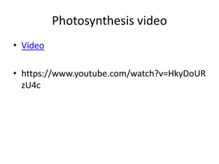 Photosynthesis video
• Video
• https://www.youtube.com/watch?v=HkyDoUR
zU4c
 