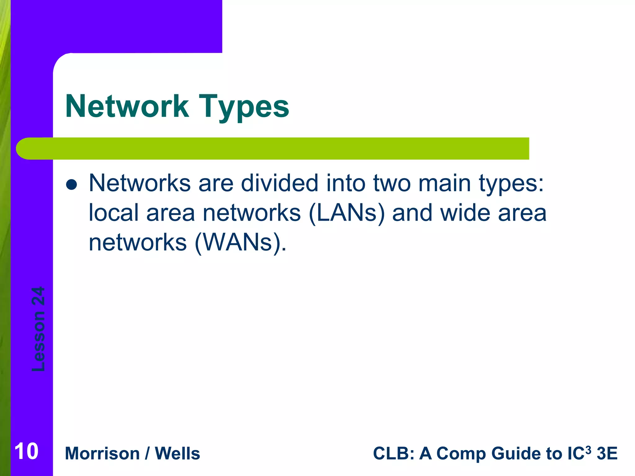 Lesson 24 
Network Types 
 Networks are divided into two main types: 
local area networks (LANs) and wide area 
networks (WANs). 
Morrison / Wells CLB: A Comp Guide to IC3 3E 
10 
 