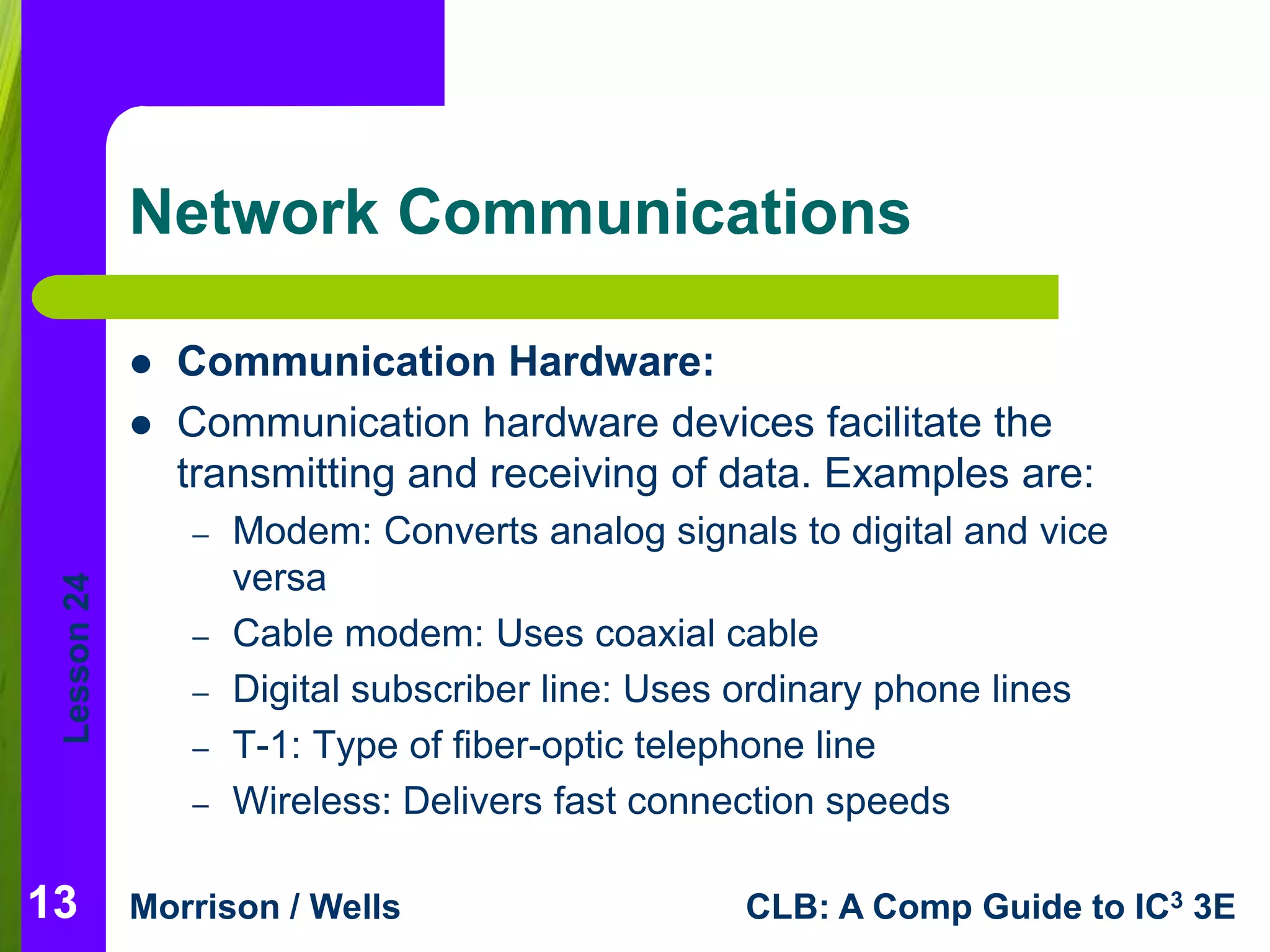 Lesson 24 
Network Communications 
 Communication Hardware: 
 Communication hardware devices facilitate the 
transmitting and receiving of data. Examples are: 
– Modem: Converts analog signals to digital and vice 
versa 
– Cable modem: Uses coaxial cable 
– Digital subscriber line: Uses ordinary phone lines 
– T-1: Type of fiber-optic telephone line 
– Wireless: Delivers fast connection speeds 
Morrison / Wells CLB: A Comp Guide to IC3 3E 
13 
 
