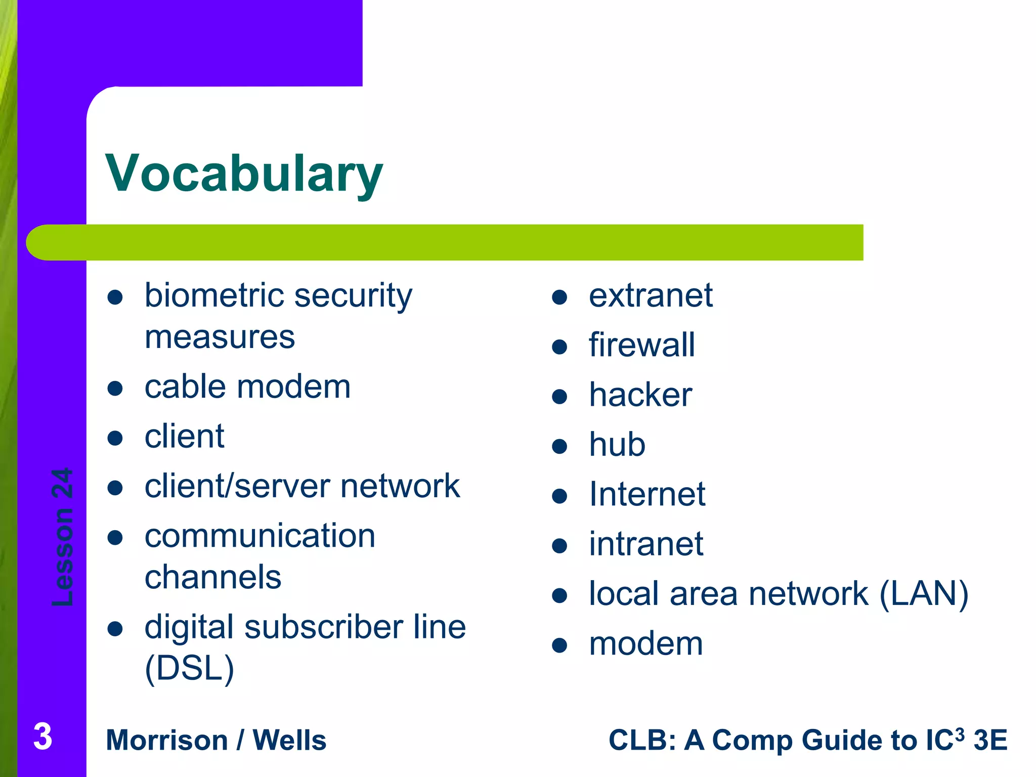 Lesson 24 
Vocabulary 
 biometric security 
measures 
 cable modem 
 client 
 client/server network 
 communication 
channels 
 digital subscriber line 
(DSL) 
 extranet 
 firewall 
 hacker 
 hub 
 Internet 
 intranet 
 local area network (LAN) 
 modem 
Morrison / Wells CLB: A Comp Guide to IC3 3E 
3 
 