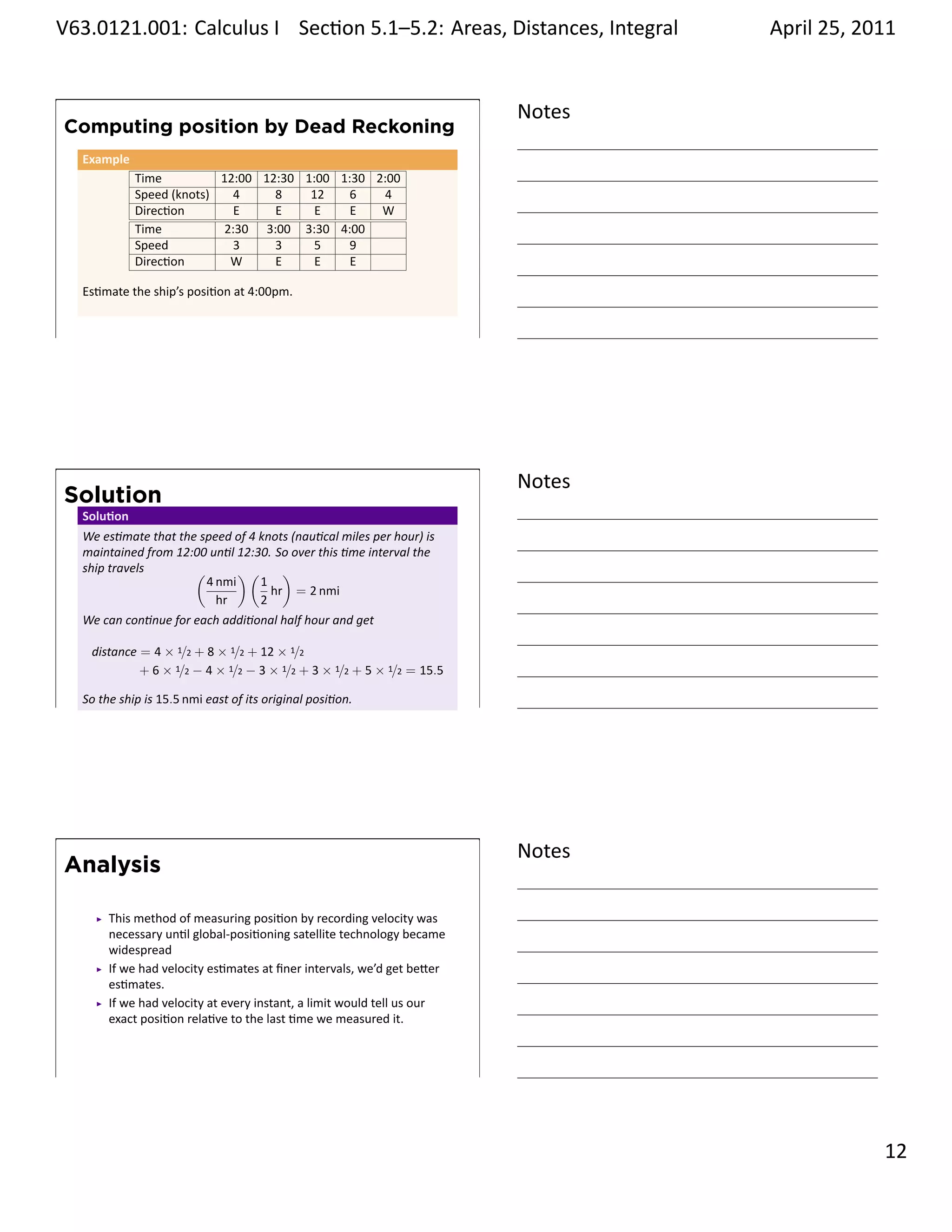 .   V63.0121.001: Calculus I Sec on 5.1–5.2: Areas, Distances, Integral
    .                                                           .                      April 25, 2011


                                                                               Notes
        Computing position by Dead Reckoning
         Example
                   Time          12:00 12:30 1:00 1:30 2:00
                   Speed (knots)   4     8    12   6    4
                   Direc on         E    E     E    E   W
                   Time           2:30 3:00 3:30 4:00
                   Speed           3     3     5   9
                   Direc on        W     E     E    E

         Es mate the ship’s posi on at 4:00pm.


    .
                                                                               .




                                                                               Notes
        Solution
         Solu on
         We es mate that the speed of 4 knots (nau cal miles per hour) is
         maintained from 12:00 un l 12:30. So over this me interval the
         ship travels       (       )(      )
                              4 nmi     1
                                          hr = 2 nmi
                                hr      2
         We can con nue for each addi onal half hour and get

          distance = 4 × 1/2 + 8 × 1/2 + 12 × 1/2
                   + 6 × 1/2 − 4 × 1/2 − 3 × 1/2 + 3 × 1/2 + 5 × 1/2 = 15.5

    .    So the ship is 15.5 nmi east of its original posi on.
                                                                               .




                                                                               Notes
        Analysis

              This method of measuring posi on by recording velocity was
              necessary un l global-posi oning satellite technology became
              widespread
              If we had velocity es mates at ﬁner intervals, we’d get be er
              es mates.
              If we had velocity at every instant, a limit would tell us our
              exact posi on rela ve to the last me we measured it.



    .
                                                                               .

                                                                                                 . 12
.
 