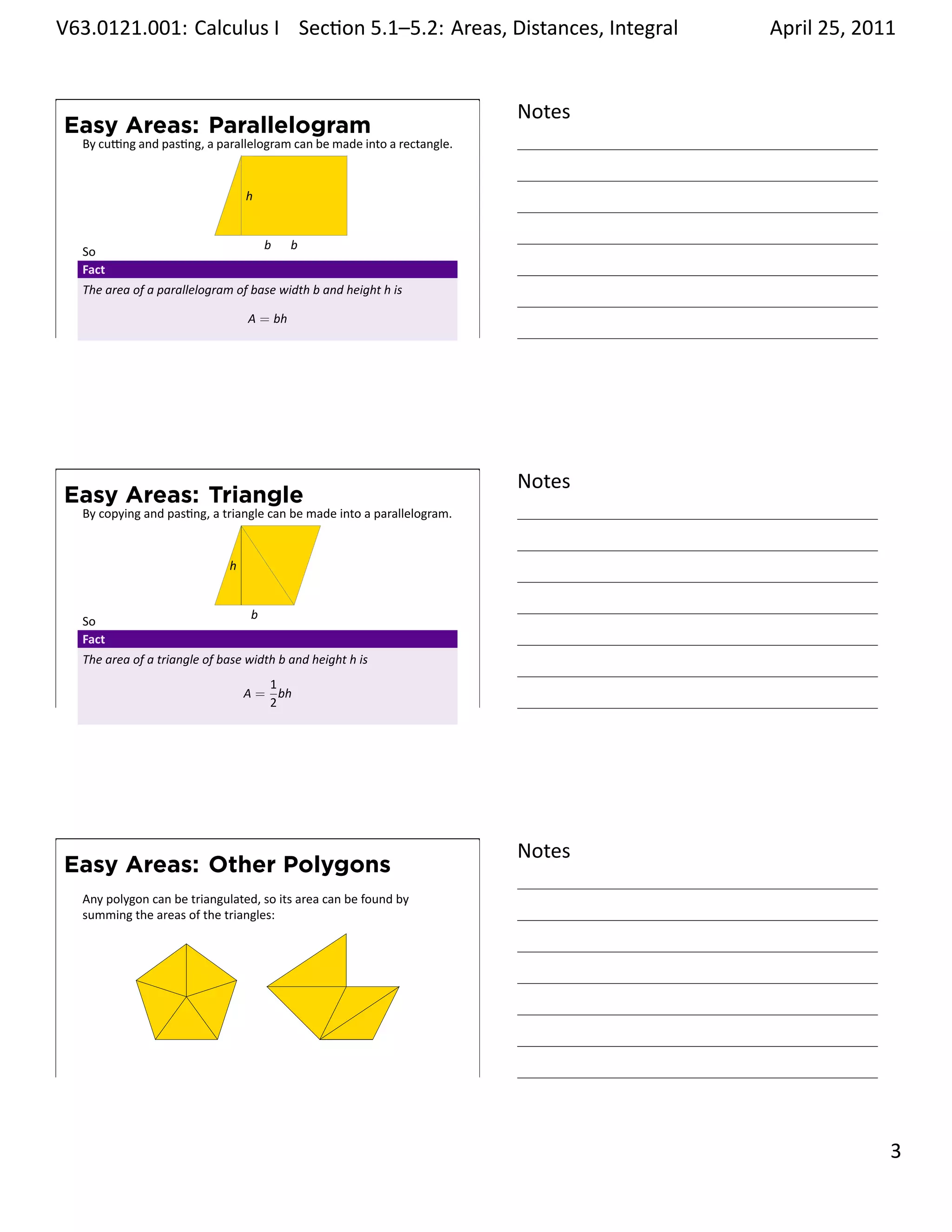 .   V63.0121.001: Calculus I Sec on 5.1–5.2: Areas, Distances, Integral
    .                                                           .                      April 25, 2011


                                                                               Notes
        Easy Areas: Parallelogram
         By cu ng and pas ng, a parallelogram can be made into a rectangle.


                                          h

                                  .
         So                                   b    b
         Fact
         The area of a parallelogram of base width b and height h is

                                          A = bh
    .
                                                                               .




                                                                               Notes
        Easy Areas: Triangle
         By copying and pas ng, a triangle can be made into a parallelogram.


                                      h

                                  .
                                          b
         So
         Fact
         The area of a triangle of base width b and height h is
                                             1
                                          A = bh
    .                                        2
                                                                               .




                                                                               Notes
        Easy Areas: Other Polygons
         Any polygon can be triangulated, so its area can be found by
         summing the areas of the triangles:




                            .


                                                          .

    .
                                                                               .

                                                                                                 . 3
.
 