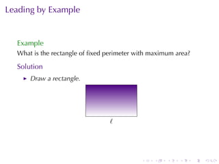 Leading	by	Example


  Example
  What	is	the	rectangle	of	ﬁxed	perimeter	with	maximum	area?

  Solution
      Draw	a	rectangle.


                                 .

                          .
                                 .
                                 ℓ




                                           .    .   .   .      .   .
 