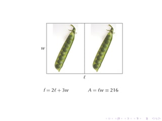 .          .




w
.



    .
              .
              ℓ

f = 2ℓ + 3w       A = ℓw ≡ 216




                        .   .    .   .   .   .
 