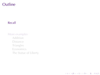 Outline



  Recall


  More	examples
    Addition
    Distance
    Triangles
    Economics
    The	Statue	of	Liberty




                            .   .   .   .   .   .
 