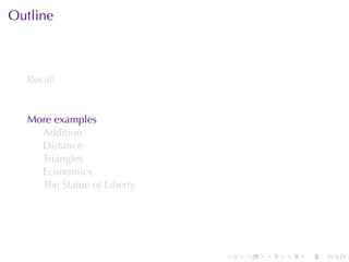 Outline



  Recall


  More	examples
    Addition
    Distance
    Triangles
    Economics
    The	Statue	of	Liberty




                            .   .   .   .   .   .
 