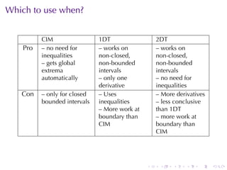 Which	to	use	when?


          CIM                 1DT                  2DT
    Pro   –	no	need	for       –	works	on           –	works	on
          inequalities        non-closed,          non-closed,
          –	gets	global       non-bounded          non-bounded
          extrema             intervals            intervals
          automatically       –	only	one           –	no	need	for
                              derivative           inequalities
   Con    –	only	for	closed   –	Uses               –	More	derivatives
          bounded	intervals   inequalities         –	less	conclusive
                              –	More	work	at       than	1DT
                              boundary	than        –	more	work	at
                              CIM                  boundary	than
                                                   CIM




                                               .    .    .    .    .    .
 