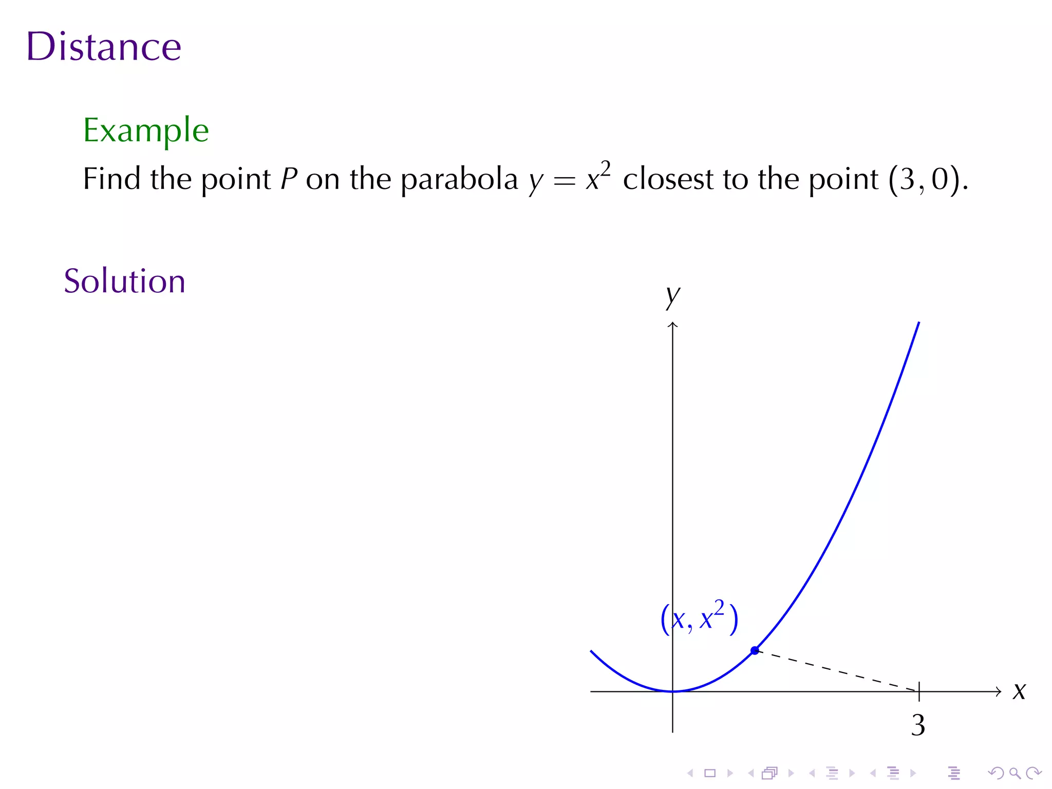 Distance
  Example
  Find	the	point P on	the	parabola y = x2 closest	to	the	point (3, 0).


 Solution                                     y
                                              .




                                              . x, x2 )
                                              (
                                                              .
                                               .                            .       x
                                                                                    .
                                                                          3
                                                                          .
                                                  .       .       .   .     .   .
 