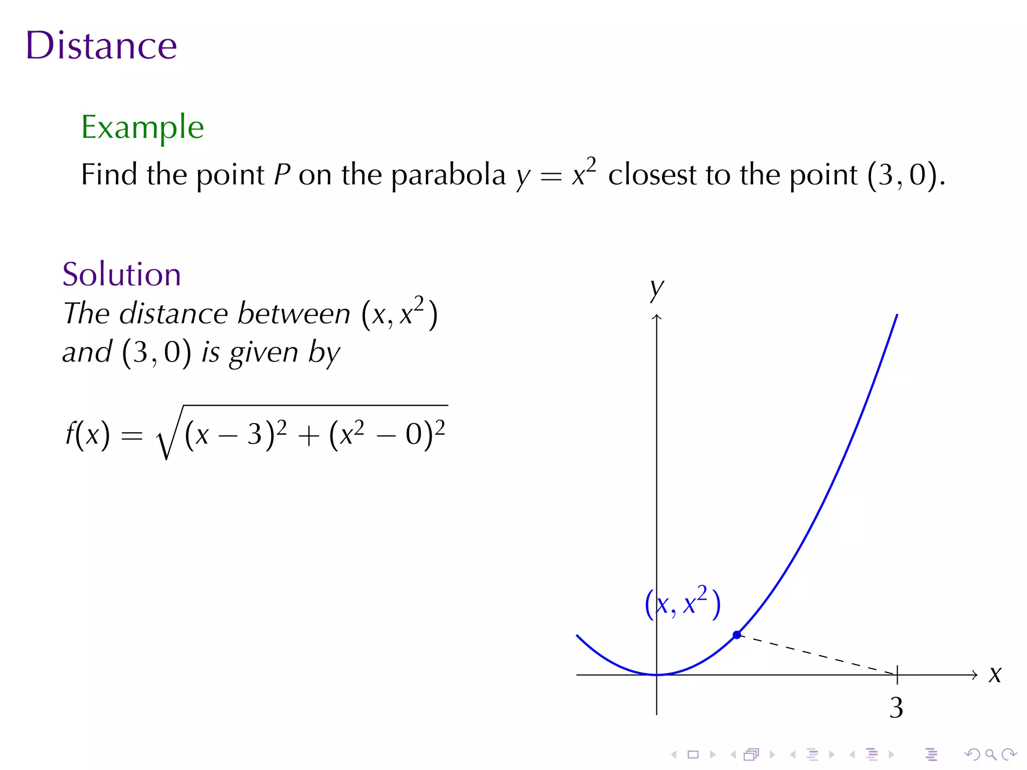 Distance
  Example
  Find	the	point P on	the	parabola y = x2 closest	to	the	point (3, 0).


 Solution                                     y
                                              .
 The	distance	between (x, x2 )
 and (3, 0) is	given	by
        √
 f(x) = (x − 3)2 + (x2 − 0)2




                                              . x, x2 )
                                              (
                                                              .
                                               .                            .       x
                                                                                    .
                                                                          3
                                                                          .
                                                  .       .       .   .     .   .
 