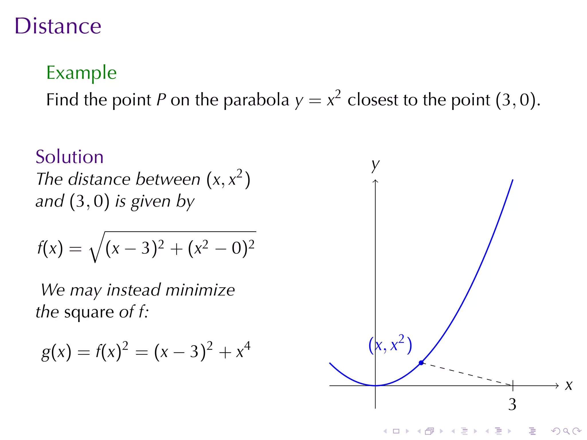 Distance
  Example
  Find	the	point P on	the	parabola y = x2 closest	to	the	point (3, 0).


 Solution                                     y
                                              .
 The	distance	between (x, x2 )
 and (3, 0) is	given	by
        √
 f(x) = (x − 3)2 + (x2 − 0)2

  We	may	instead	minimize
 the square of f:

  g(x) = f(x)2 = (x − 3)2 + x4                . x, x2 )
                                              (
                                                              .
                                               .                            .       x
                                                                                    .
                                                                          3
                                                                          .
                                                  .       .       .   .     .   .
 