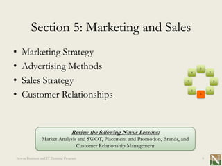 Section 5: Marketing and Sales
•   Marketing Strategy
•   Advertising Methods                                                          8
                                                                                     1
                                                                                             2


•   Sales Strategy                                                           7                   3




•   Customer Relationships
                                                                                 6           4
                                                                                     5




                                   Review the following Novus Lessons:
                Market Analysis and SWOT, Placement and Promotion, Brands, and
                               Customer Relationship Management

Novus Business and IT Training Program                                                   8
 