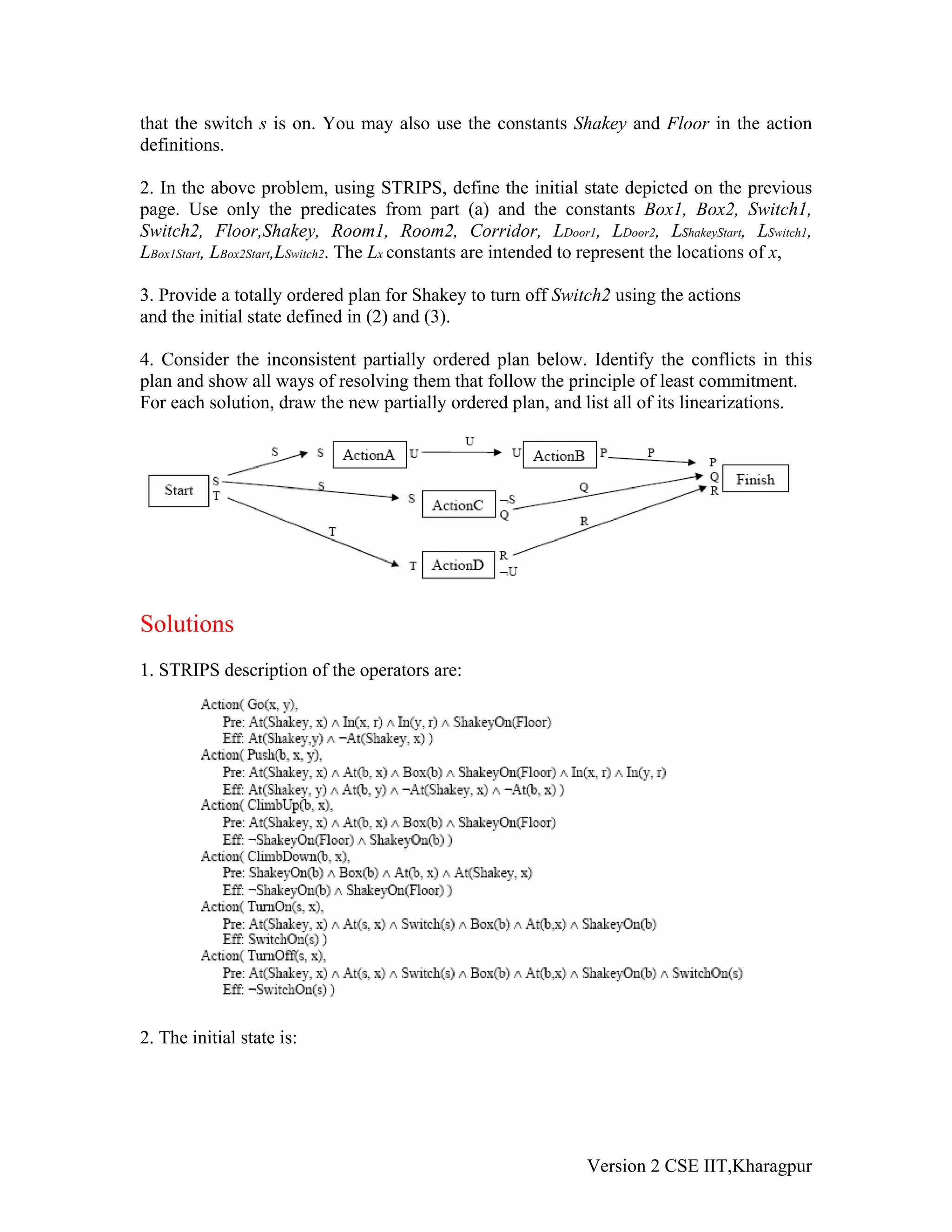 that the switch s is on. You may also use the constants Shakey and Floor in the action
definitions.

2. In the above problem, using STRIPS, define the initial state depicted on the previous
page. Use only the predicates from part (a) and the constants Box1, Box2, Switch1,
Switch2, Floor,Shakey, Room1, Room2, Corridor, LDoor1, LDoor2, LShakeyStart, LSwitch1,
LBox1Start, LBox2Start,LSwitch2. The Lx constants are intended to represent the locations of x,

3. Provide a totally ordered plan for Shakey to turn off Switch2 using the actions
and the initial state defined in (2) and (3).

4. Consider the inconsistent partially ordered plan below. Identify the conflicts in this
plan and show all ways of resolving them that follow the principle of least commitment.
For each solution, draw the new partially ordered plan, and list all of its linearizations.




Solutions
1. STRIPS description of the operators are:




2. The initial state is:




                                                               Version 2 CSE IIT,Kharagpur
 