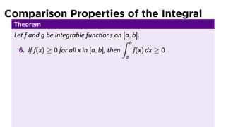 Comparison Properties of the Integral
 Theorem
 Let f and g be integrable func ons on [a, b].
                                            ∫ b
   6. If f(x) ≥ 0 for all x in [a, b], then     f(x) dx ≥ 0
                                           a
 