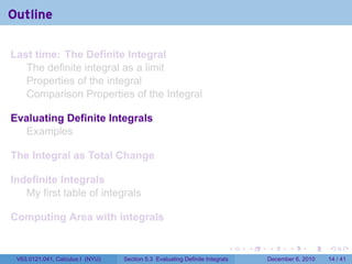 Outline

Last time: The Definite Integral
   The definite integral as a limit
   Properties of the integral
   Comparison Properties of the Integral

Evaluating Definite Integrals
  Examples

The Integral as Total Change

Indefinite Integrals
   My first table of integrals

Computing Area with integrals

                                                                          .   .   .      .      .    .

 V63.0121.041, Calculus I (NYU)   Section 5.3 Evaluating Definite Integrals       December 6, 2010   14 / 41
 