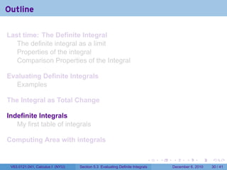 Outline

Last time: The Definite Integral
   The definite integral as a limit
   Properties of the integral
   Comparison Properties of the Integral

Evaluating Definite Integrals
  Examples

The Integral as Total Change

Indefinite Integrals
   My first table of integrals

Computing Area with integrals

                                                                          .   .   .      .      .    .

 V63.0121.041, Calculus I (NYU)   Section 5.3 Evaluating Definite Integrals       December 6, 2010   30 / 41
 