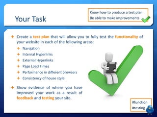 Your Task
Create a test plan that will allow you to fully test the functionality of
Navigation
Internal Hyperlinks
External Hyperlinks
Page Load Times
Performance in different browsers
Consistency of house style
Show evidence of where you have
improved your work as a result of
feedback and testing your site.
Know how to produce a test plan
Be able to make improvements
#function
#testing
your website in each of the following areas: