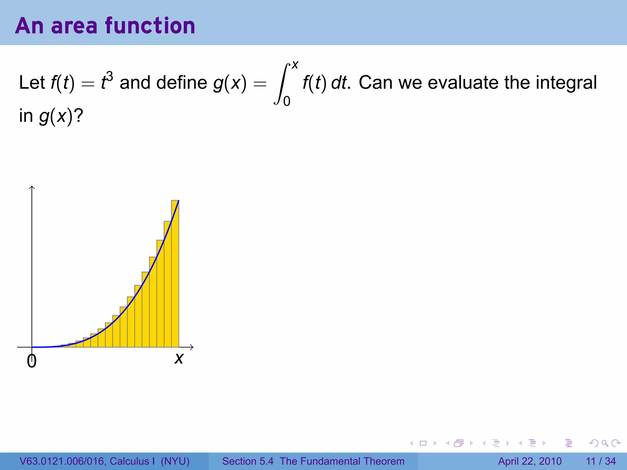 An area function
                                              ∫     x
Let f(t) = t3 and define g(x) =                         f(t) dt. Can we evaluate the integral
                                                0
in g(x)?




   .
 0
 .                            x
                              .



                                                                           .   .   .      .       .     .

V63.0121.006/016, Calculus I (NYU)   Section 5.4 The Fundamental Theorem               April 22, 2010   11 / 34
 