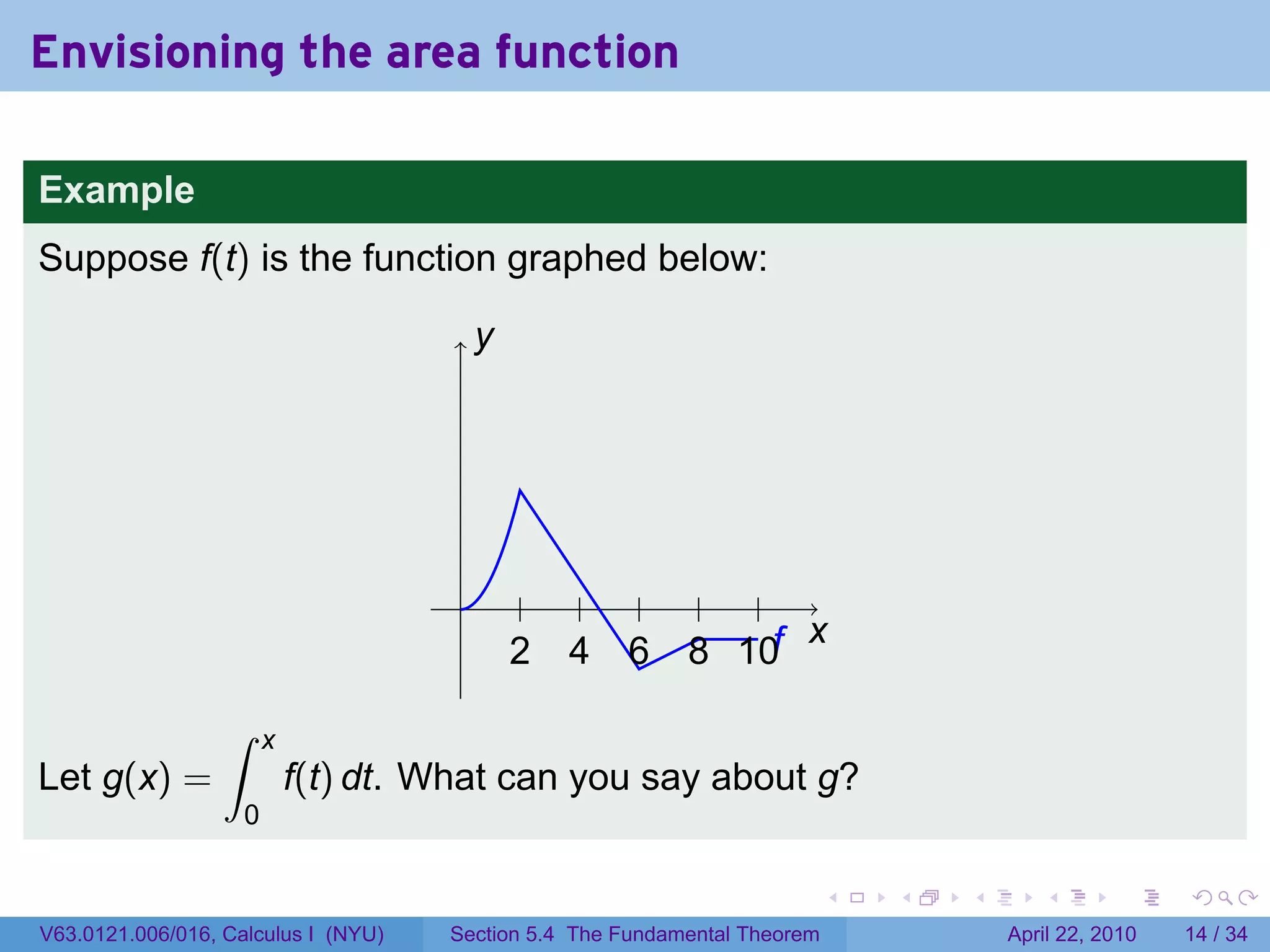 Envisioning the area function

Example
Suppose f(t) is the function graphed below:
                                      ..
                                       y


                                            .


                                      .      .     .    .    . . .
                                                             .     x
                                                                   .
                                           2
                                           .     4
                                                 .     6
                                                       ..   8 1f
                                                            . . 0.
                  ∫     x
Let g(x) =                  f(t) dt. What can you say about g?
                    0

                                                                           .   .   .      .       .     .

V63.0121.006/016, Calculus I (NYU)   Section 5.4 The Fundamental Theorem               April 22, 2010   14 / 34
 