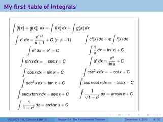 My first table of integrals
.

       ∫                         ∫           ∫
            [f(x) + g(x)] dx = f(x) dx + g(x) dx
           ∫                                      ∫                ∫
                          xn+1
               xn dx =         + C (n ̸= −1)         cf(x) dx = c f(x) dx
                          n+1                       ∫
                    ∫
                                                         1
                       ex dx = ex + C                      dx = ln |x| + C
                                                         x
               ∫                                     ∫
                                                                  ax
                   sin x dx = − cos x + C                ax dx =       +C
                                                                 ln a
                 ∫                               ∫
                    cos x dx = sin x + C            csc2 x dx = − cot x + C
                ∫                              ∫
                        2
                   sec x dx = tan x + C          csc x cot x dx = − csc x + C
             ∫                                 ∫
                                                       1
                sec x tan x dx = sec x + C        √          dx = arcsin x + C
             ∫                                      1 − x2
                    1
                          dx = arctan x + C
                 1 + x2
                                                                           .   .   .         .      .     .

    V63.0121.041, Calculus I (NYU)   Section 5.4 The Fundamental Theorem               December 8, 2010       8 / 32
 