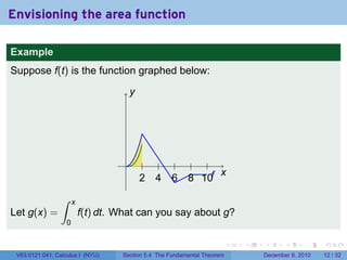 Envisioning the area function

Example
Suppose f(t) is the function graphed below:

                                         y




                                                                  g
                                     .
                                                                x
                                             2   4   6    8 10f
                 ∫     x
Let g(x) =                 f(t) dt. What can you say about g?
                   0

                                                                          .   .   .      .      .    .

 V63.0121.041, Calculus I (NYU)     Section 5.4 The Fundamental Theorem           December 8, 2010   12 / 32
 