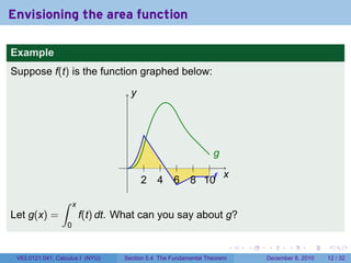Envisioning the area function

Example
Suppose f(t) is the function graphed below:

                                         y




                                                                  g
                                     .
                                                                x
                                             2   4   6    8 10f
                 ∫     x
Let g(x) =                 f(t) dt. What can you say about g?
                   0

                                                                          .   .   .      .      .    .

 V63.0121.041, Calculus I (NYU)     Section 5.4 The Fundamental Theorem           December 8, 2010   12 / 32
 