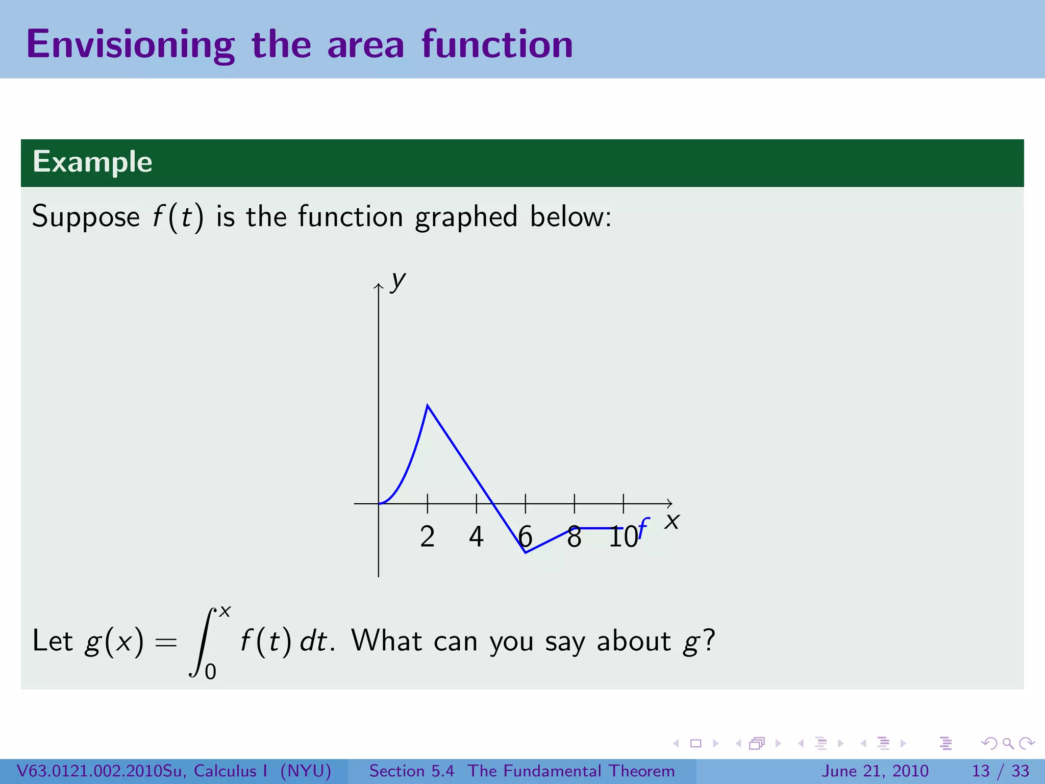 Envisioning the area function

 Example
 Suppose f (t) is the function graphed below:
                                          y




                                                                    x
                                              2    4    6     8 10f

                          x
 Let g (x) =                  f (t) dt. What can you say about g ?
                      0



V63.0121.002.2010Su, Calculus I (NYU)   Section 5.4 The Fundamental Theorem   June 21, 2010   13 / 33
 