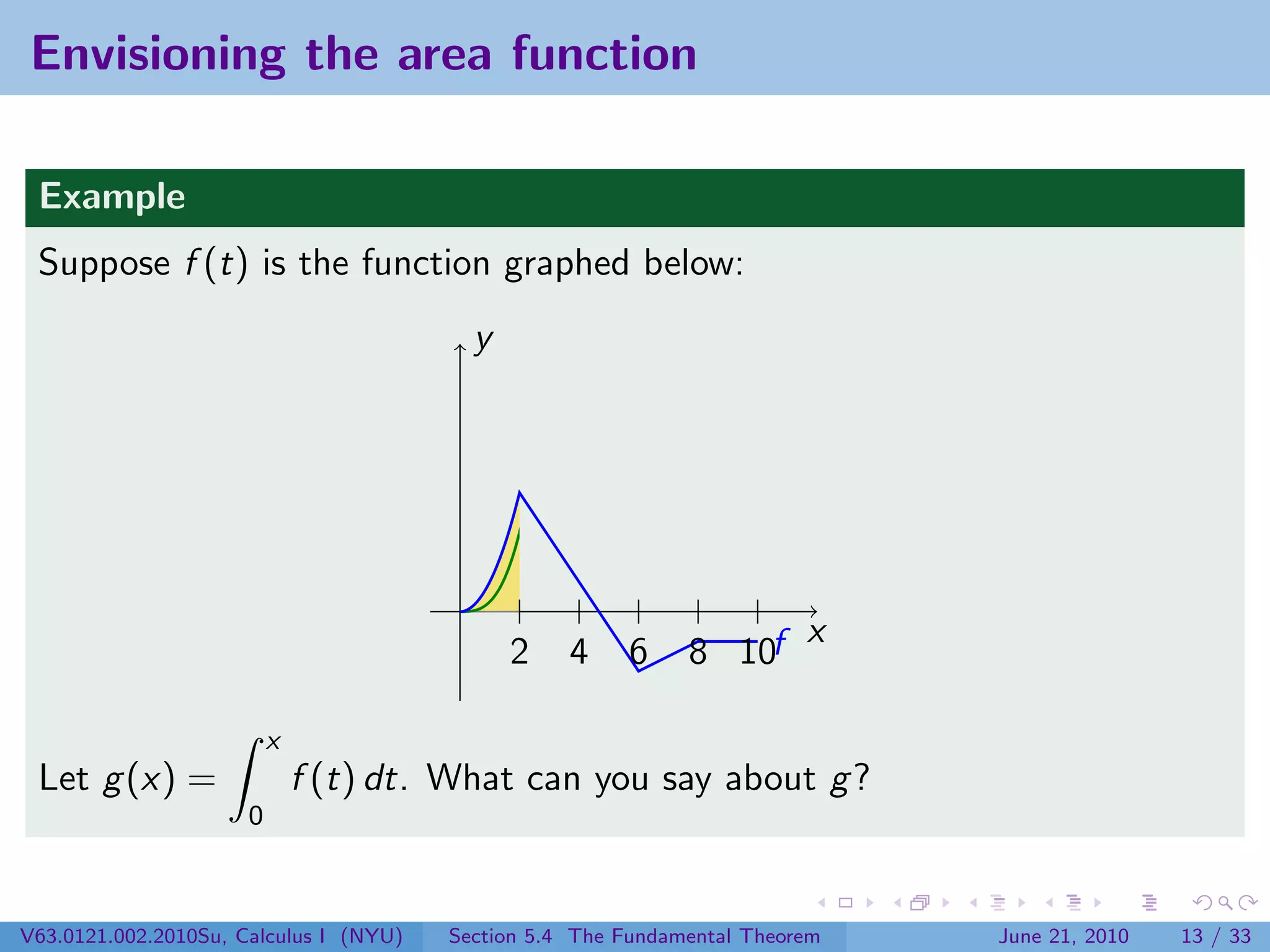 Envisioning the area function

 Example
 Suppose f (t) is the function graphed below:
                                          y




                                                                      g
                                                                    x
                                              2    4    6     8 10f

                          x
 Let g (x) =                  f (t) dt. What can you say about g ?
                      0



V63.0121.002.2010Su, Calculus I (NYU)   Section 5.4 The Fundamental Theorem   June 21, 2010   13 / 33
 