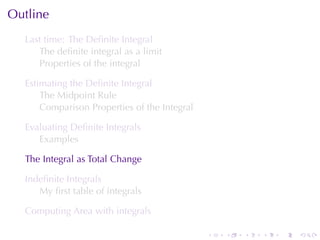 Outline
  Last	time: The	Deﬁnite	Integral
     The	deﬁnite	integral	as	a	limit
     Properties	of	the	integral

  Estimating	the	Deﬁnite	Integral
      The	Midpoint	Rule
      Comparison	Properties	of	the	Integral

  Evaluating	Deﬁnite	Integrals
     Examples

  The	Integral	as	Total	Change

  Indeﬁnite	Integrals
     My	ﬁrst	table	of	integrals

  Computing	Area	with	integrals

                                              .   .   .   .   .   .
 