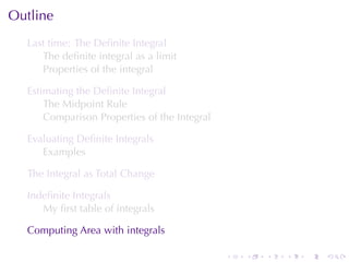 Outline
  Last	time: The	Deﬁnite	Integral
     The	deﬁnite	integral	as	a	limit
     Properties	of	the	integral

  Estimating	the	Deﬁnite	Integral
      The	Midpoint	Rule
      Comparison	Properties	of	the	Integral

  Evaluating	Deﬁnite	Integrals
     Examples

  The	Integral	as	Total	Change

  Indeﬁnite	Integrals
     My	ﬁrst	table	of	integrals

  Computing	Area	with	integrals

                                              .   .   .   .   .   .
 