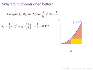 Why	are	midpoints	often	better?
                                  ∫   1
                                                    1
   Compare L2 , R2 , and M2 for           x2 dx =     :
                                  0                 3
                                                      y
                                                      .
                  ( )2                                                  . = x2
                                                                        y
    1        1     1    1
L2 = · (0)2 + ·        = = 0.125
    2        2     2    8


                                                                   .
                                                          .         .
                                                                                     x
                                                                                     .
                                                                  1
                                                                  .
                                                                  2




                                                          .   .    .      .      .       .
 