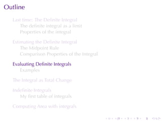 Outline
  Last	time: The	Deﬁnite	Integral
     The	deﬁnite	integral	as	a	limit
     Properties	of	the	integral

  Estimating	the	Deﬁnite	Integral
      The	Midpoint	Rule
      Comparison	Properties	of	the	Integral

  Evaluating	Deﬁnite	Integrals
     Examples

  The	Integral	as	Total	Change

  Indeﬁnite	Integrals
     My	ﬁrst	table	of	integrals

  Computing	Area	with	integrals

                                              .   .   .   .   .   .
 