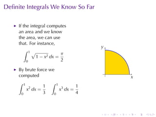 Deﬁnite	Integrals	We	Know	So	Far


     If	the	integral	computes
     an	area	and	we	know
     the	area, we	can	use
     that. For	instance,
                                                  y
                                                  .
         ∫ 1√
                           π
               1 − x2 dx =
          0                2

     By	brute	force	we
                                                      .
     computed                                                         x
                                                                      .
     ∫    1                 ∫   1
                        1                     1
              x2 dx =               x3 dx =
      0                 3   0                 4



                                                  .       .   .   .       .   .
 