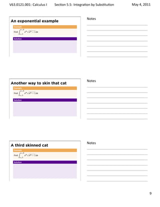 .   V63.0121.001: Calculus I
    .                            Sec on 5.5: Integra on by Subs . tu on   May 4, 2011


                                                     Notes
        An exponential example
         Example
             ∫ ln √8 √
         Find √ e2x e2x + 1 dx
              ln   3


         Solu on




    .
                                                     .




                                                     Notes
        Another way to skin that cat
         Example
             ∫ ln √8 √
         Find √ e2x e2x + 1 dx
              ln   3


         Solu on




    .
                                                     .




                                                     Notes
        A third skinned cat
         Example
             ∫ ln √8 √
         Find √ e2x e2x + 1 dx
              ln   3


         Solu on




    .
                                                     .

                                                                                 . 9
.
 