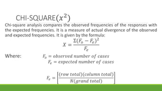 CHI-SQUARE(𝑥2
)
Chi-square analysis compares the observed frequencies of the responses with
the expected frequencies. It is a measure of actual divergence of the observed
and expected frequencies. It is given by the formula:
𝑋 =
Σ(𝐹𝑜 − 𝐹𝑒)2
𝐹𝑒
Where: 𝐹𝑜 = 𝑜𝑏𝑠𝑒𝑟𝑣𝑒𝑑 𝑛𝑢𝑚𝑏𝑒𝑟 𝑜𝑓 𝑐𝑎𝑠𝑒𝑠
𝐹𝑒 = 𝑒𝑥𝑝𝑒𝑐𝑡𝑒𝑑 𝑛𝑢𝑚𝑏𝑒𝑟 𝑜𝑓 𝑐𝑎𝑠𝑒𝑠
𝐹𝑒 =
(𝑟𝑜𝑤 𝑡𝑜𝑡𝑎𝑙)(𝑐𝑜𝑙𝑢𝑚𝑛 𝑡𝑜𝑡𝑎𝑙)
𝑁(𝑔𝑟𝑎𝑛𝑑 𝑡𝑜𝑡𝑎𝑙)
 