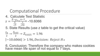Computational Procedure
4. Calculate Test Statistic
𝑧 =
𝑋−𝜇 𝑜
𝜎
𝑛
=
4−7
2
50
= -10.6066
5. State Results (use z table to get the critical value)
𝑧 𝑎
2
→
𝑍0.05
2
→ 𝑍0.025 = 1.96
−10.6066 > 1.96, 𝐷𝑒𝑐𝑖𝑠𝑖𝑜𝑛: 𝑅𝑒𝑗𝑒𝑐𝑡 𝐻 𝑜
6. Conclusion: Therefore the company who makes cookies
have mean life span of not equal to 7 days.
 