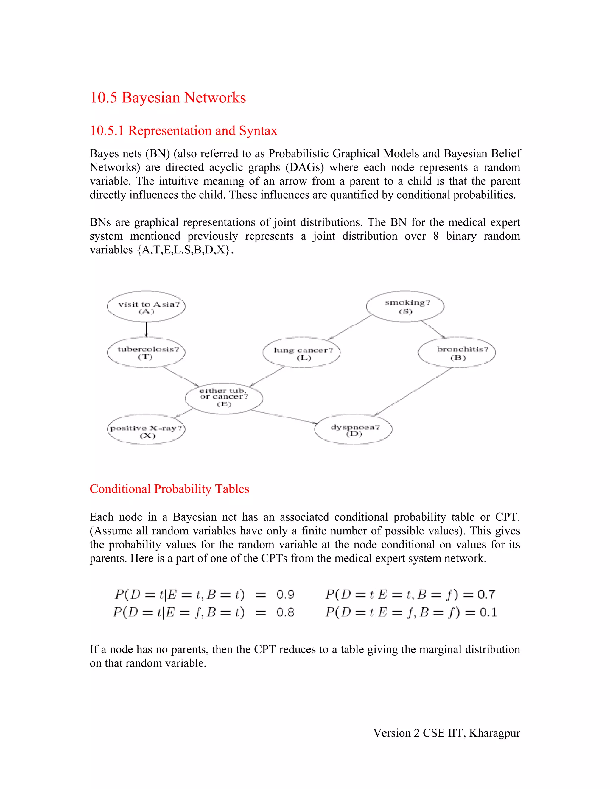 10.5 Bayesian Networks

10.5.1 Representation and Syntax
Bayes nets (BN) (also referred to as Probabilistic Graphical Models and Bayesian Belief
Networks) are directed acyclic graphs (DAGs) where each node represents a random
variable. The intuitive meaning of an arrow from a parent to a child is that the parent
directly influences the child. These influences are quantified by conditional probabilities.

BNs are graphical representations of joint distributions. The BN for the medical expert
system mentioned previously represents a joint distribution over 8 binary random
variables {A,T,E,L,S,B,D,X}.




Conditional Probability Tables

Each node in a Bayesian net has an associated conditional probability table or CPT.
(Assume all random variables have only a finite number of possible values). This gives
the probability values for the random variable at the node conditional on values for its
parents. Here is a part of one of the CPTs from the medical expert system network.




If a node has no parents, then the CPT reduces to a table giving the marginal distribution
on that random variable.




                                                            Version 2 CSE IIT, Kharagpur
 