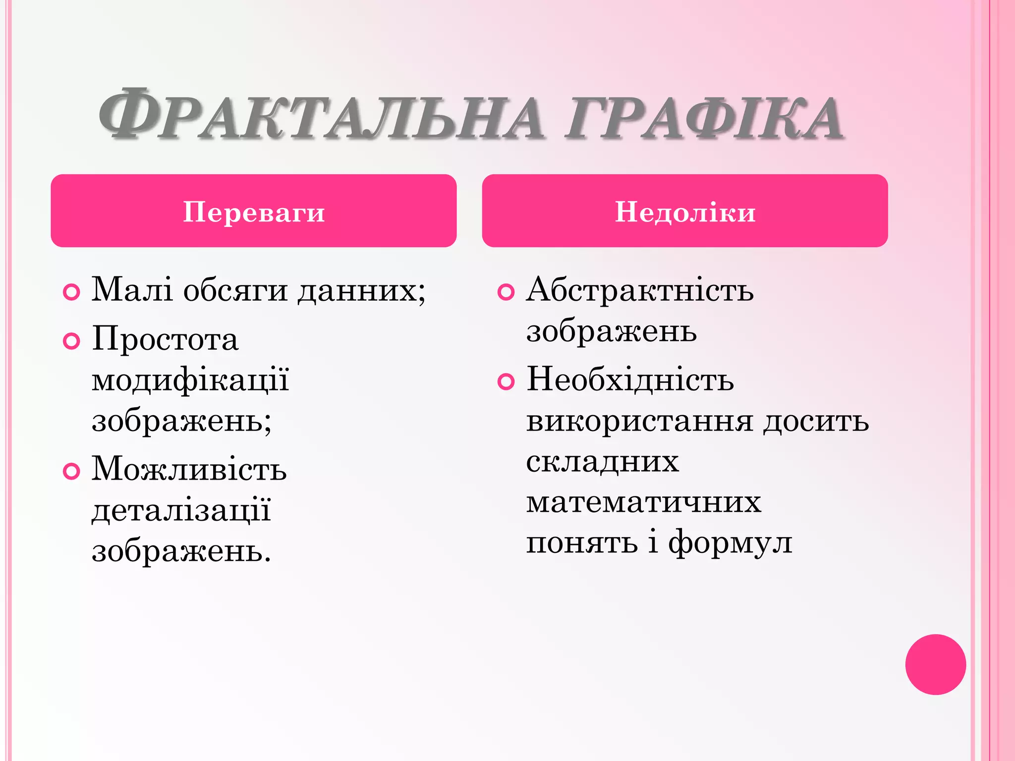 ФРАКТАЛЬНА ГРАФІКА
 Малі обсяги данних;
 Простота
модифікації
зображень;
 Можливість
деталізації
зображень.
 Абстрактність
зображень
 Необхідність
використання досить
складних
математичних
понять і формул
Переваги Недоліки
 