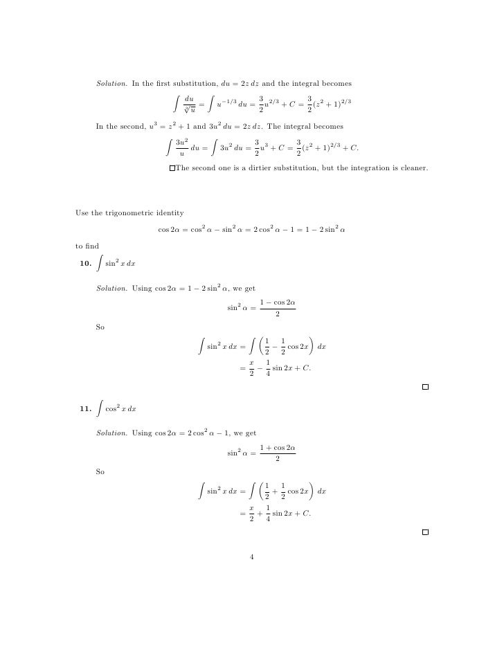 6.7 integration by substitution homework answer key