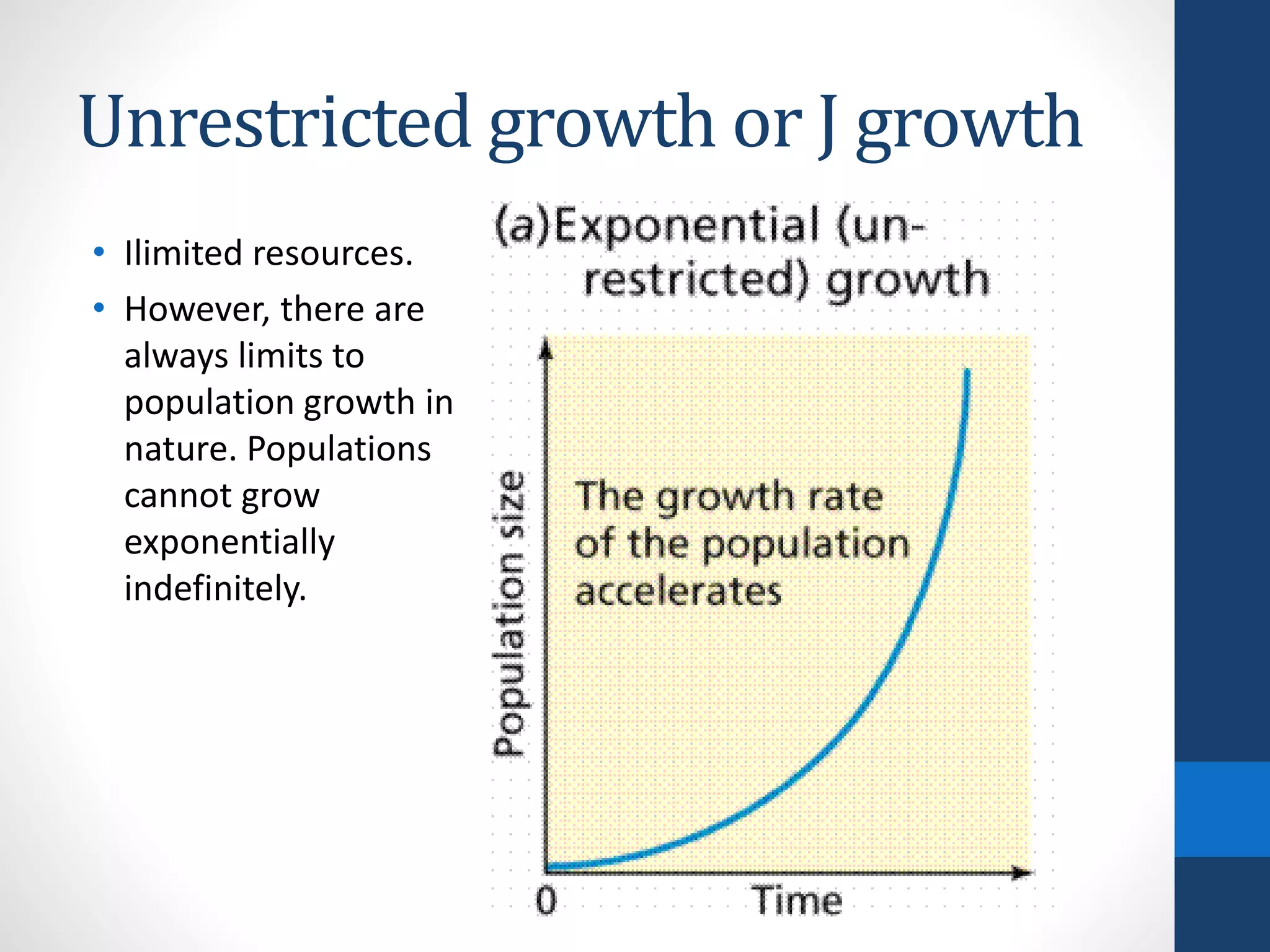 Unrestricted growth or J growth
• Ilimited resources.
• However, there are
always limits to
population growth in
nature. Populations
cannot grow
exponentially
indefinitely.
 